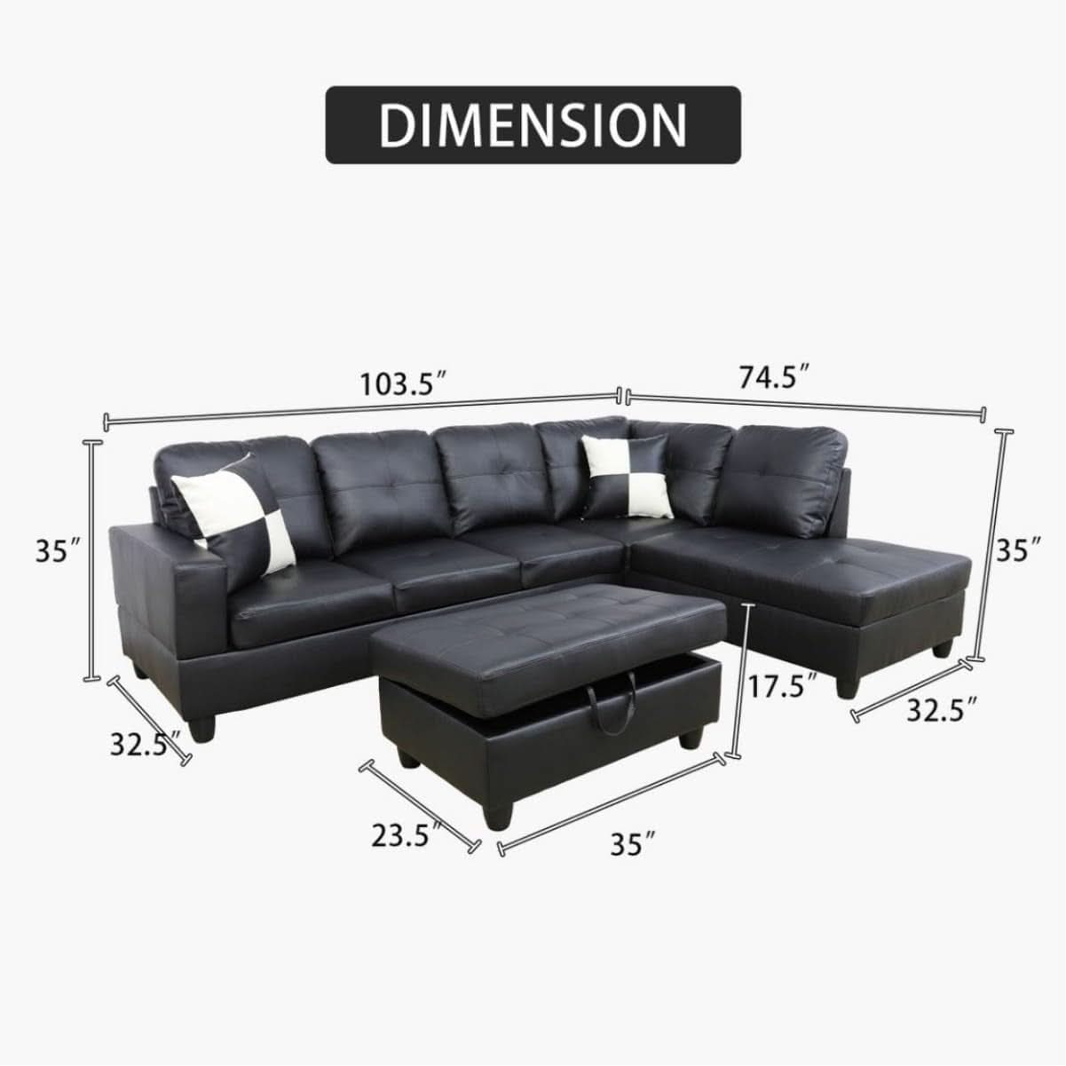 Black L Shaped 3 Piece Faux Leather Sofa Set With Storage Ottoman