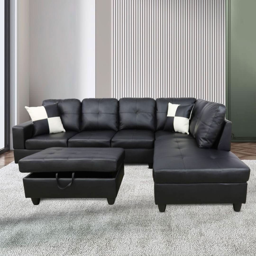 Black L Shaped 3 Piece Faux Leather Sofa Set With Storage Ottoman