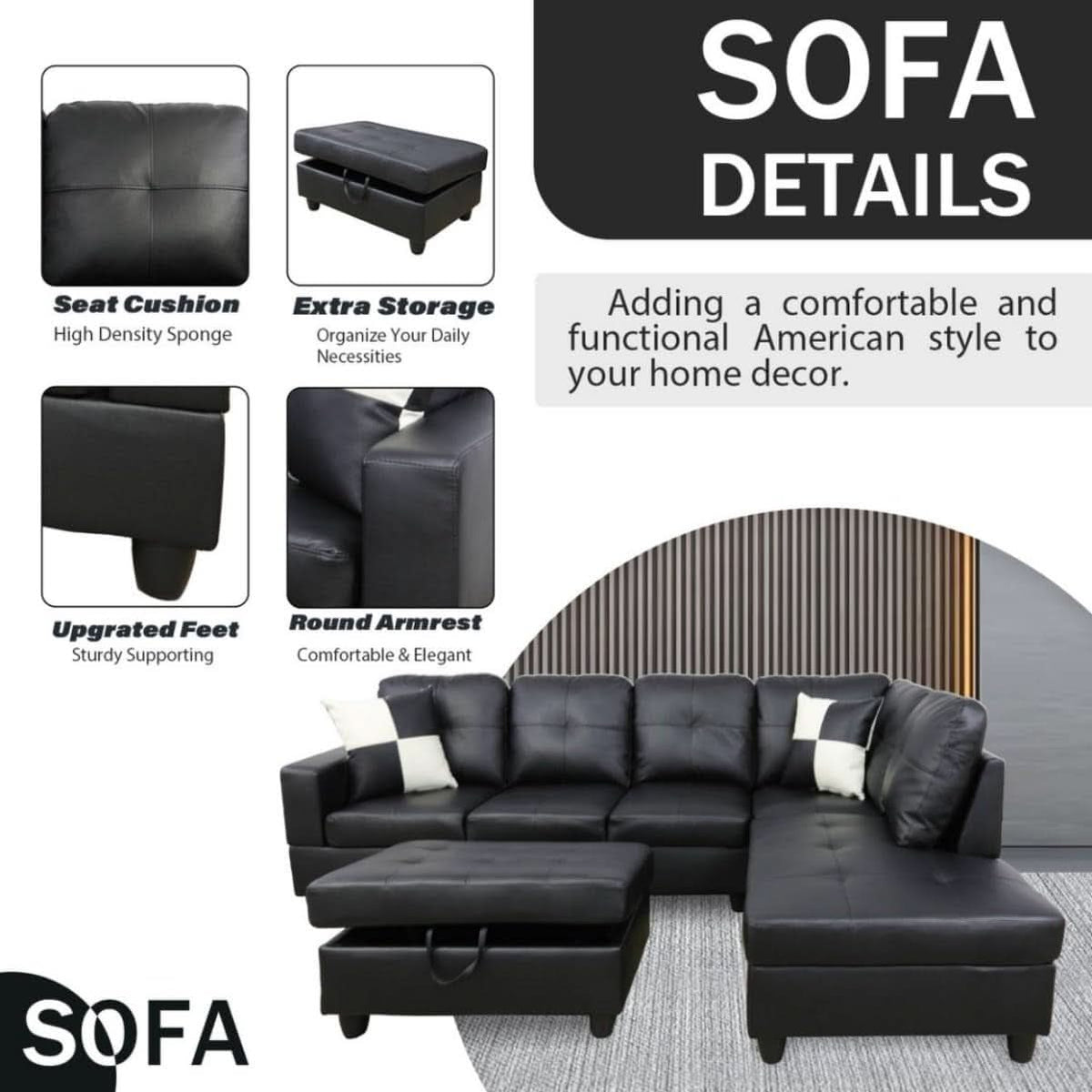 Black L Shaped 3 Piece Faux Leather Sofa Set With Storage Ottoman