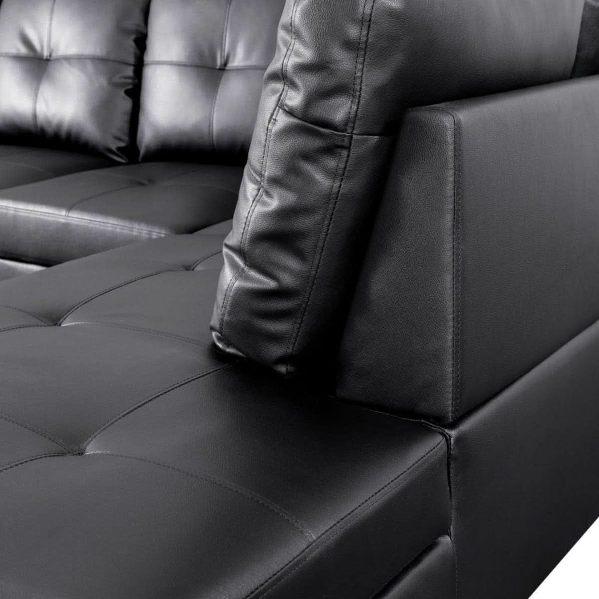 Black L Shaped 3 Piece Faux Leather Sofa Set With Storage Ottoman