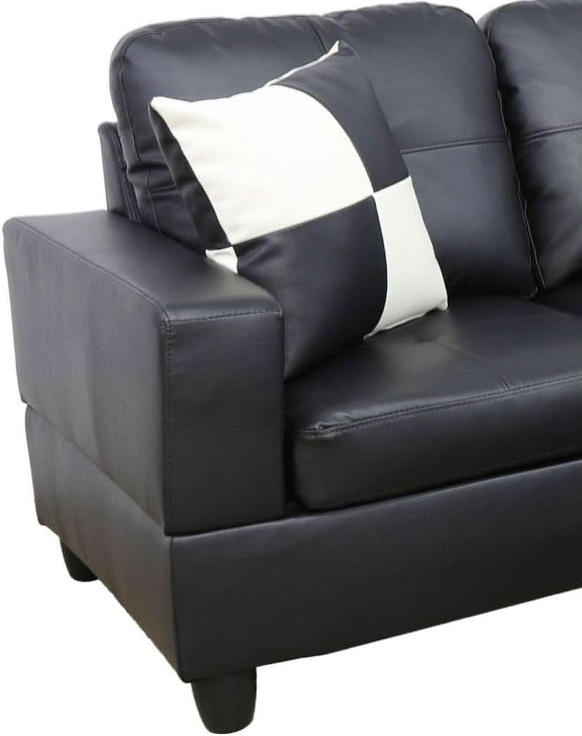 Black L Shaped 3 Piece Faux Leather Sofa Set With Storage Ottoman