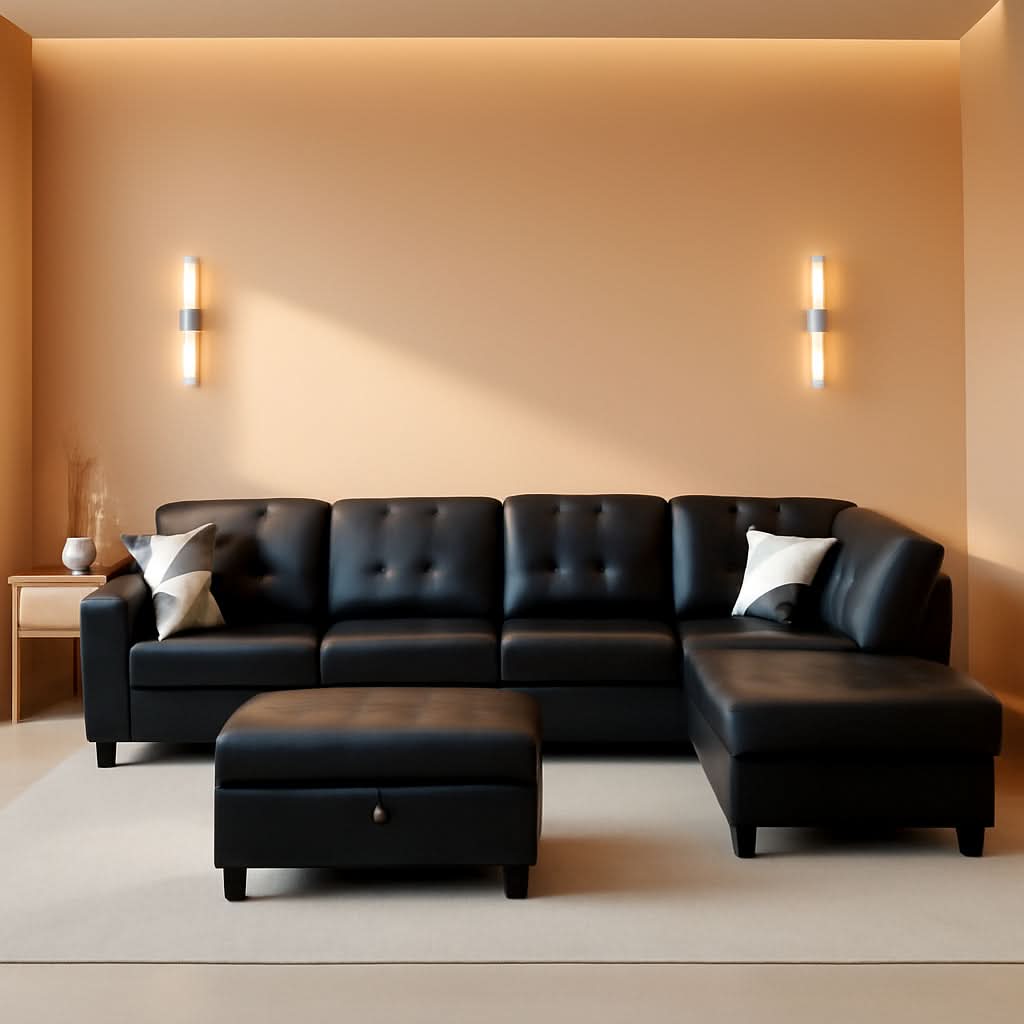 Black L Shaped 3 Piece Faux Leather Sofa Set With Storage Ottoman