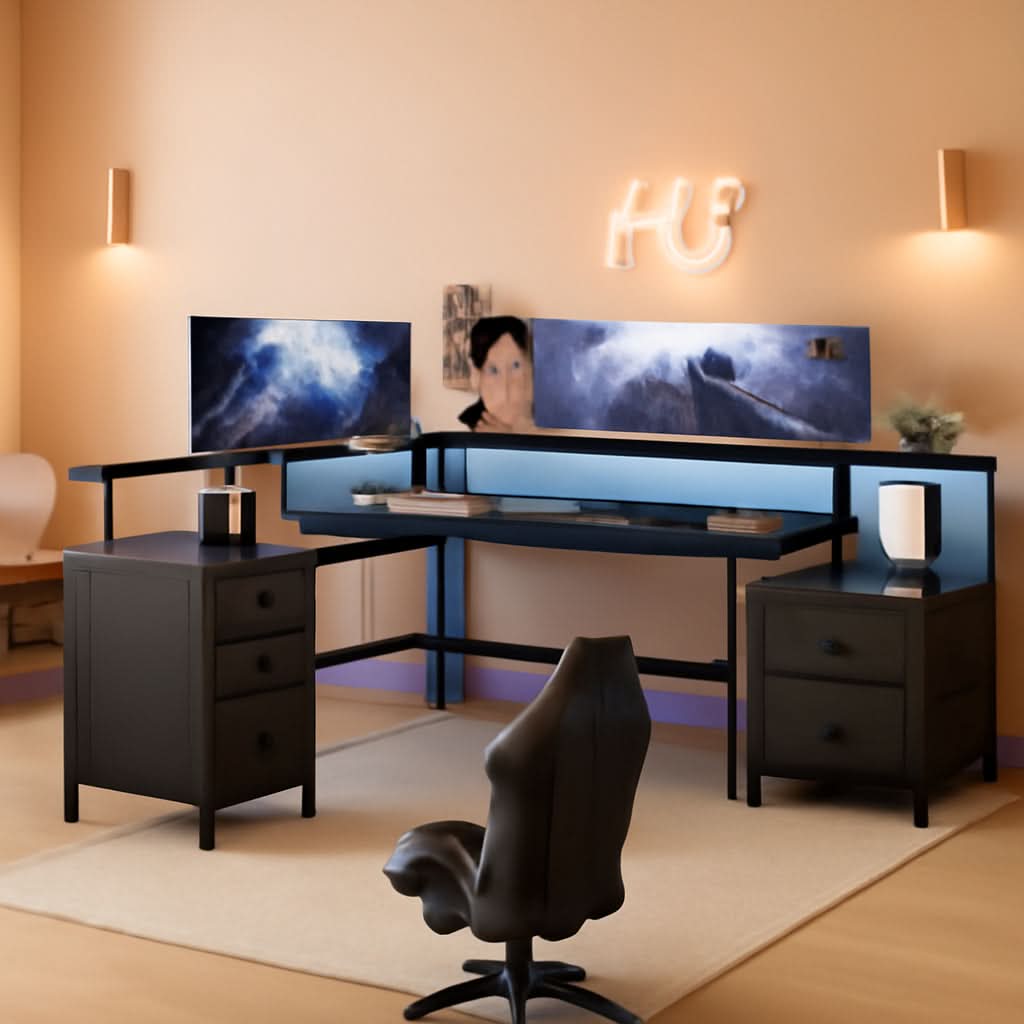 Black L Shaped Desk With 6 Drawers And File Cabinet