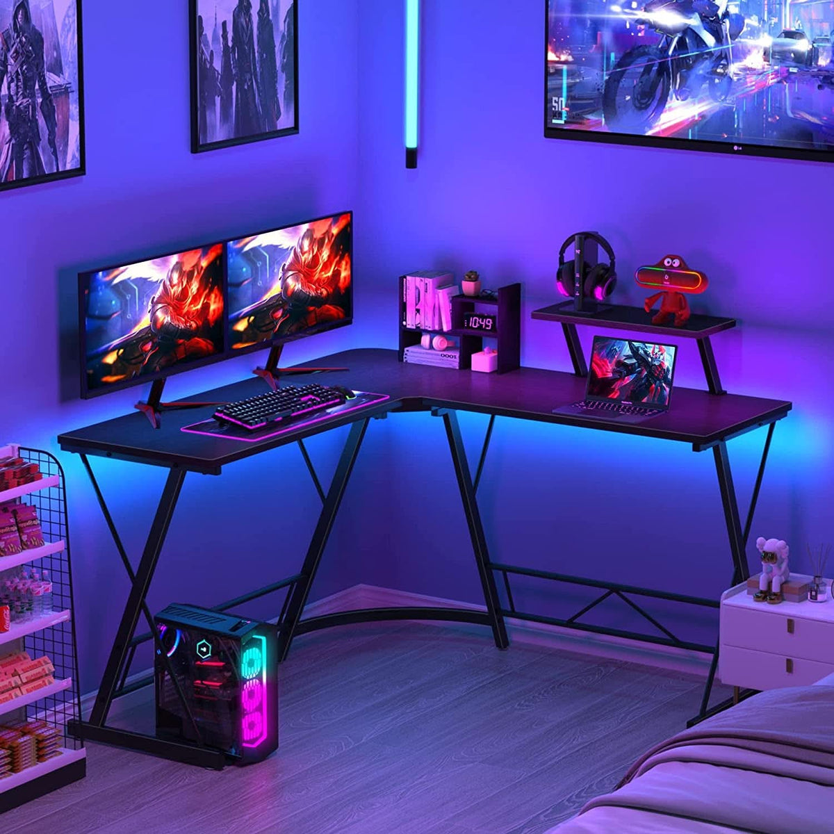 Black L Shaped Gaming Desk With Monitor Stand Easy Assembly