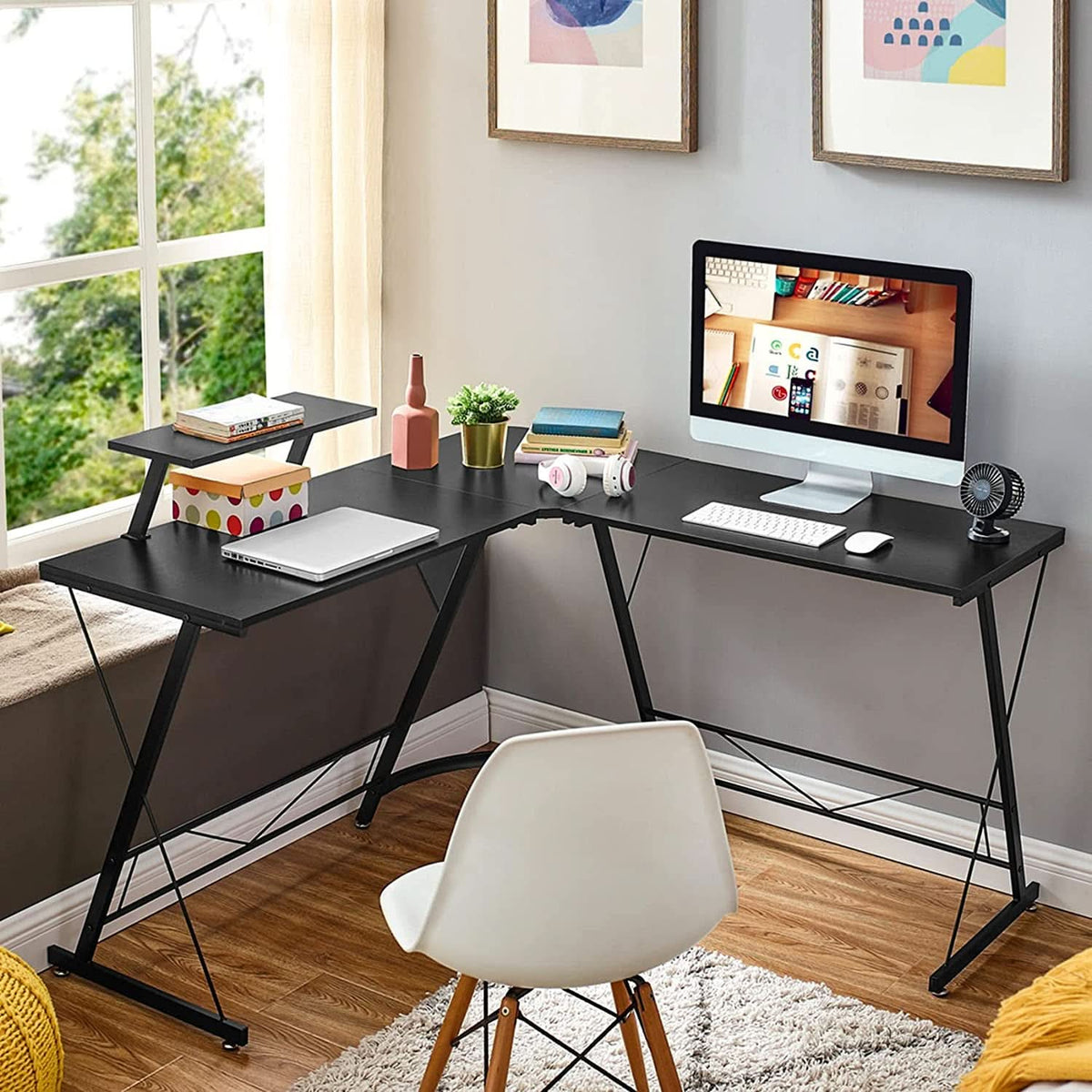 Black L Shaped Gaming Desk With Monitor Stand Easy Assembly