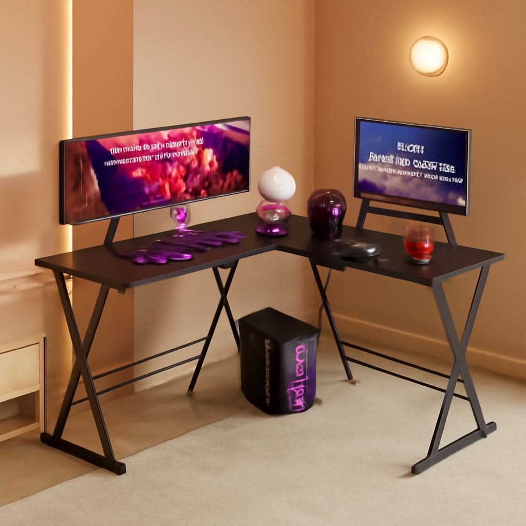 Black L Shaped Gaming Desk With Monitor Stand Easy Assembly
