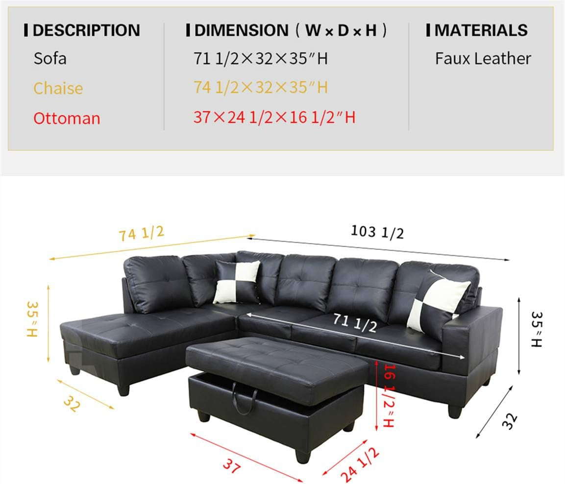 Black L Shaped Sectional Sofa Set With Storage Ottoman