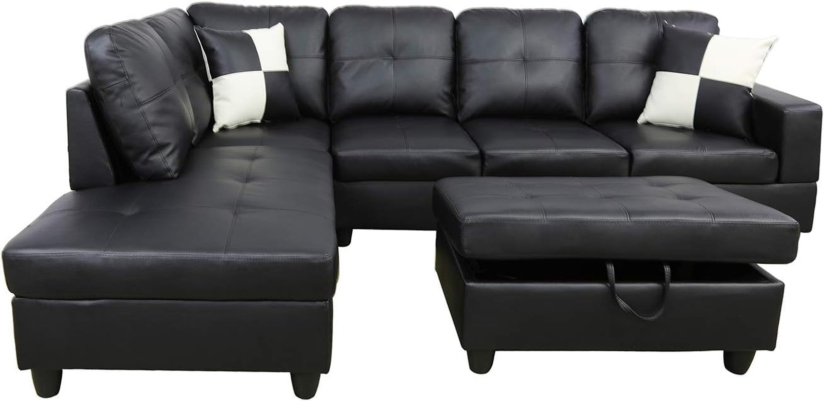 Black L Shaped Sectional Sofa Set With Storage Ottoman