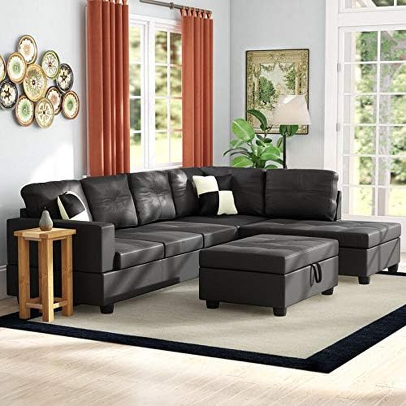 Black L Shaped Sectional Sofa Set With Storage Ottoman