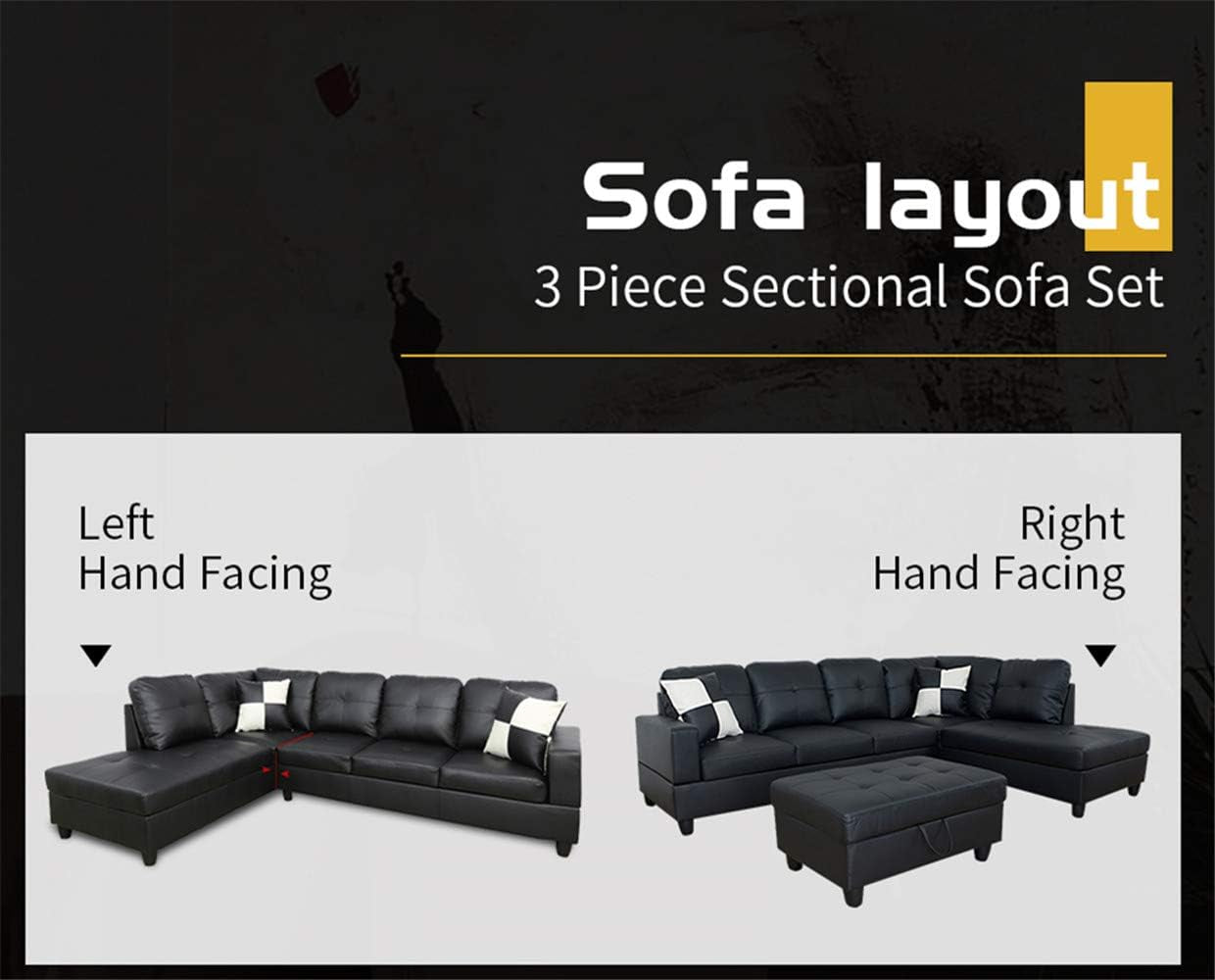 Black L Shaped Sectional Sofa Set With Storage Ottoman