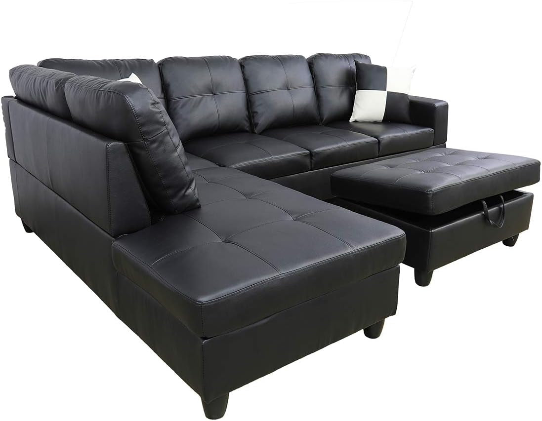 Black L Shaped Sectional Sofa Set With Storage Ottoman