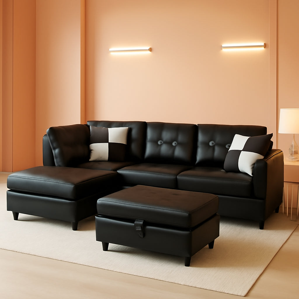 Black L Shaped Sectional Sofa Set With Storage Ottoman