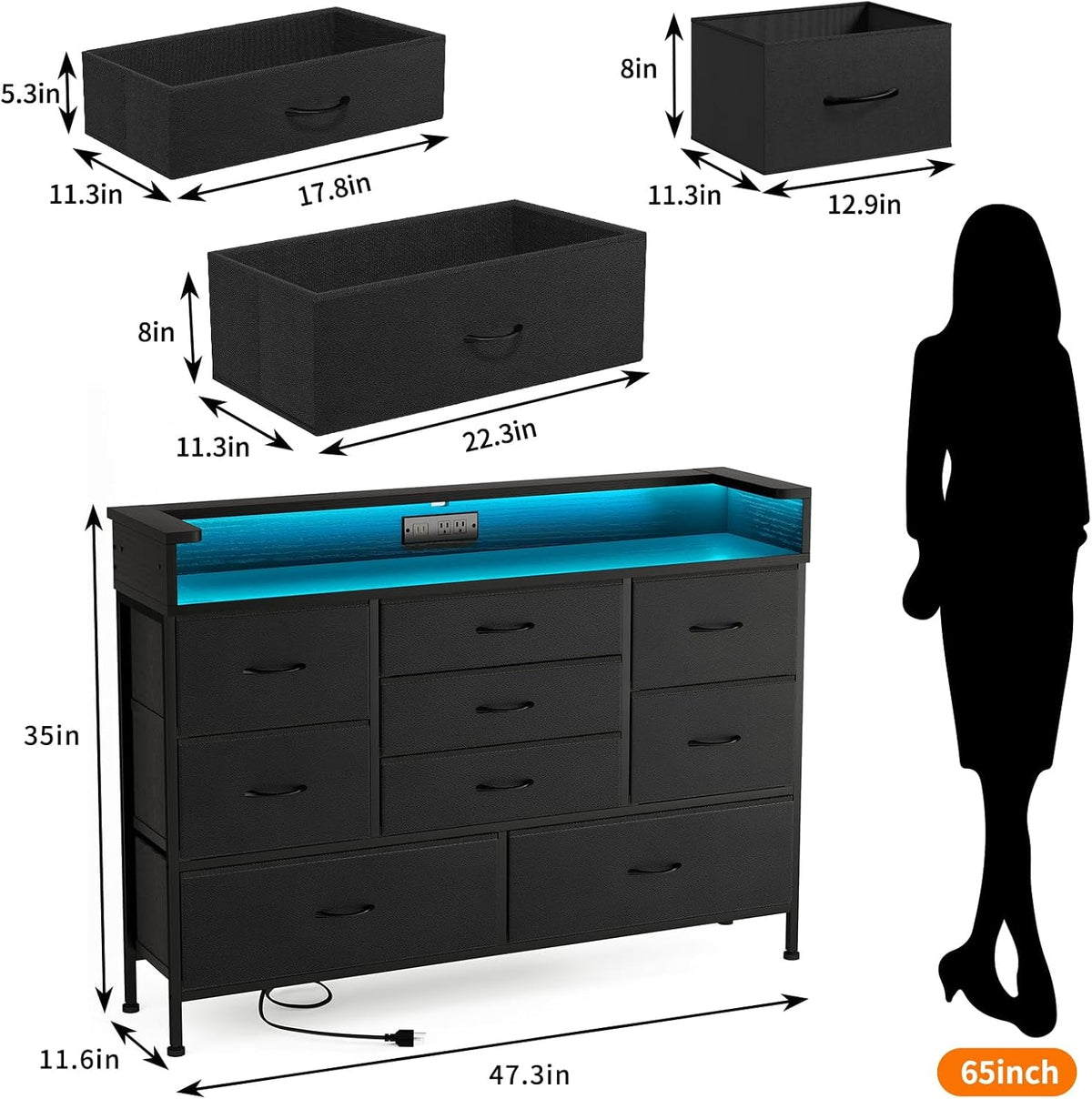 Black LED Dresser With 9 Drawers And USB Charging Station