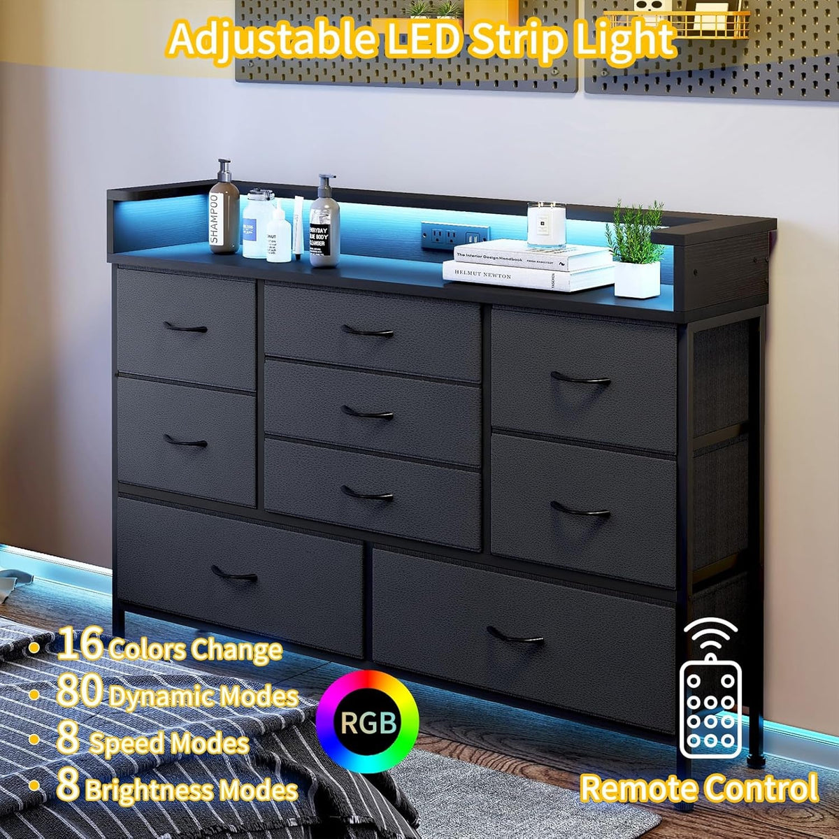Black LED Dresser With 9 Drawers And USB Charging Station
