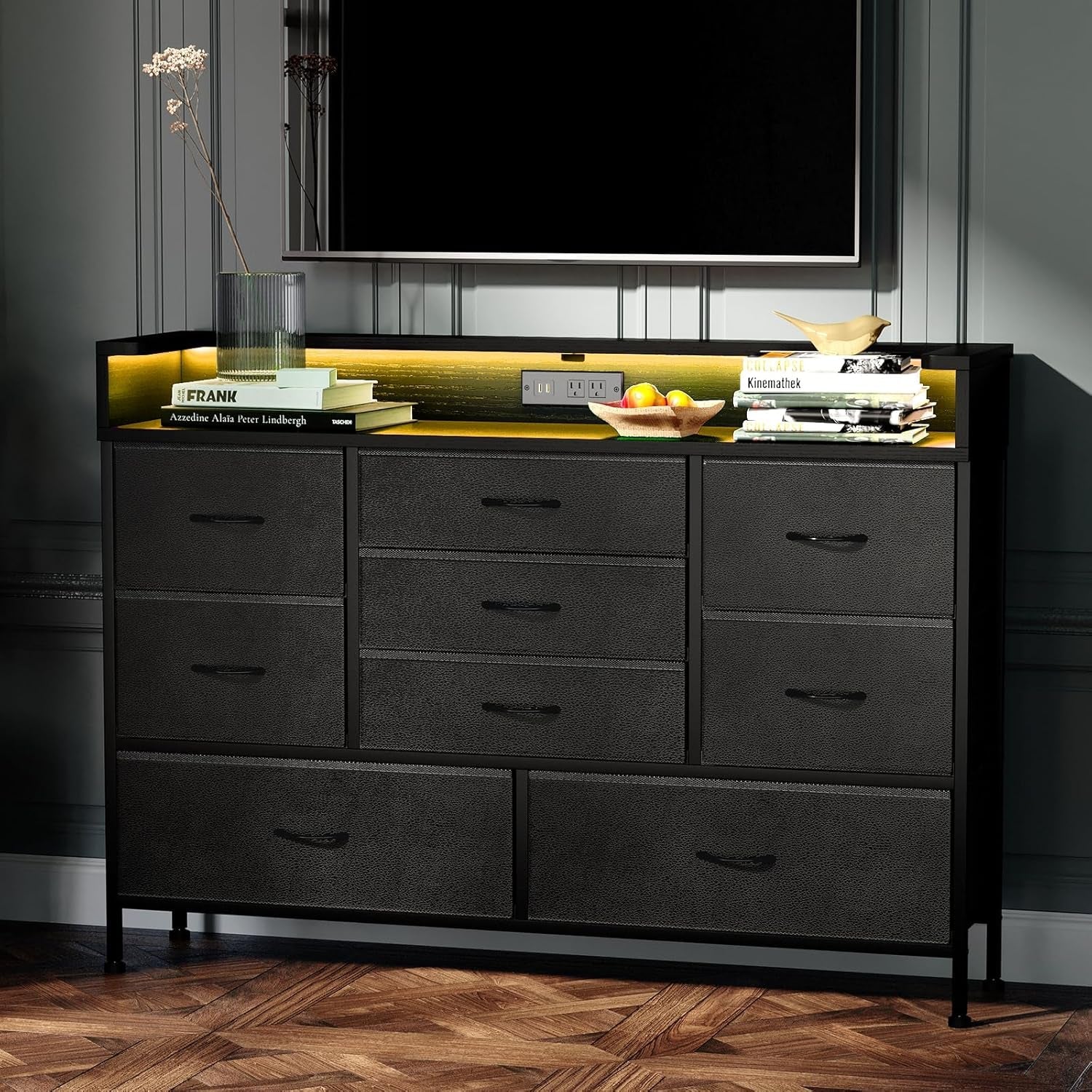 Black LED Dresser With 9 Drawers And USB Charging Station