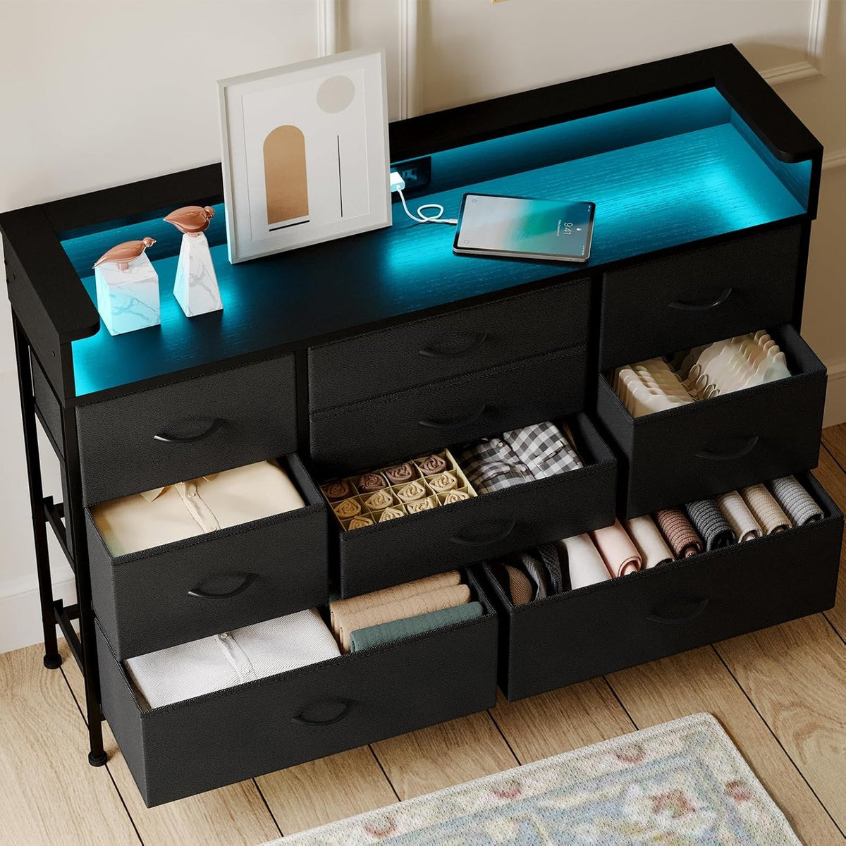 Black LED Dresser With 9 Drawers And USB Charging Station