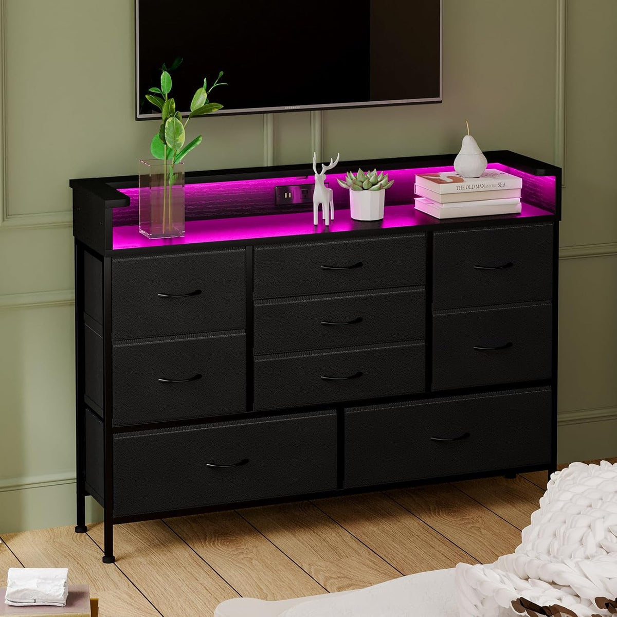 Black LED Dresser With 9 Drawers And USB Charging Station