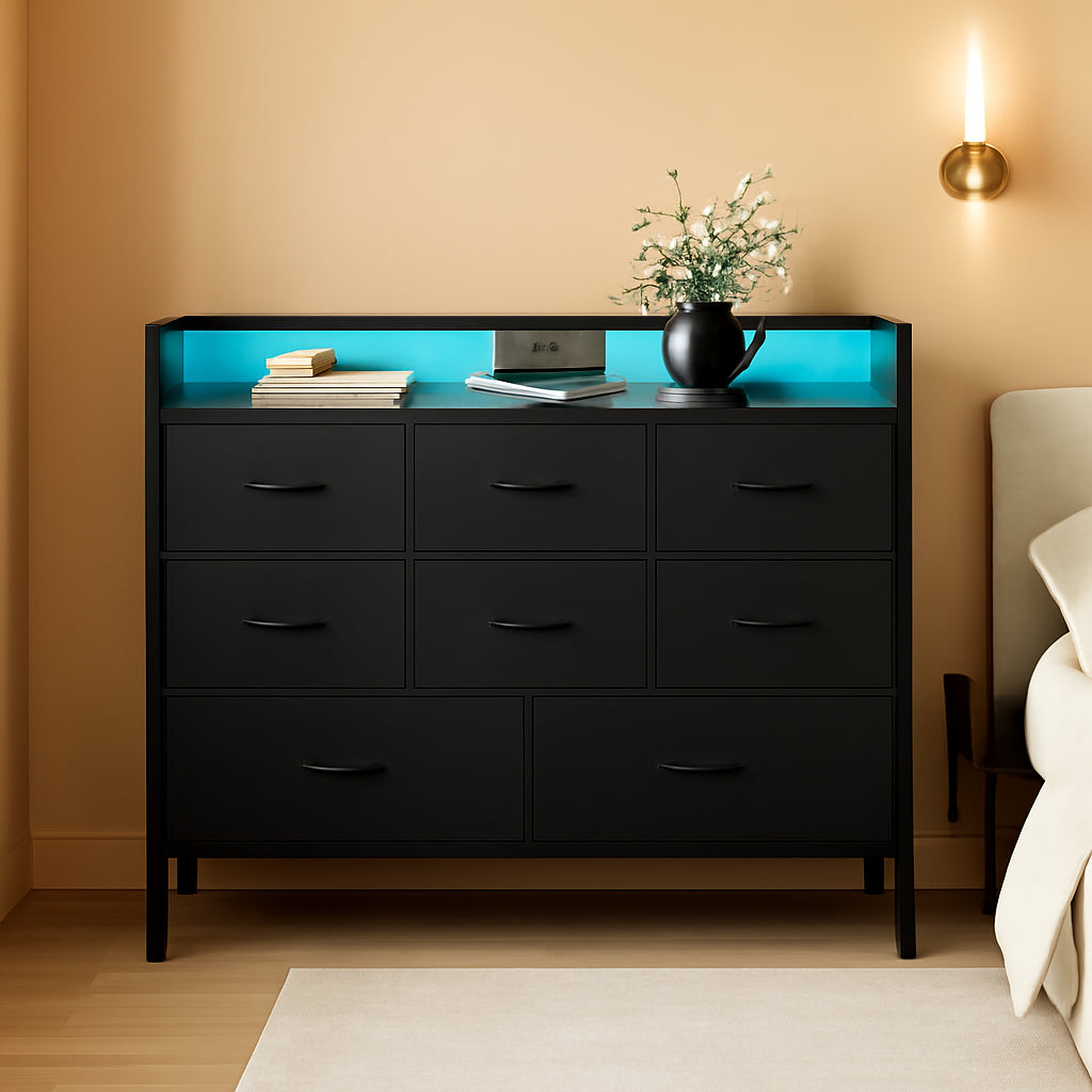 Black LED Dresser With 9 Drawers And USB Charging Station