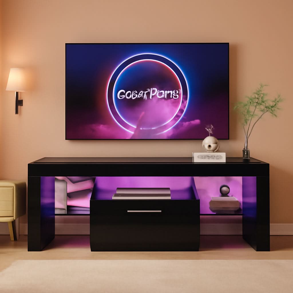 Black LED TV Stand With Large Storage Drawer For TVs Up To 55 Inches