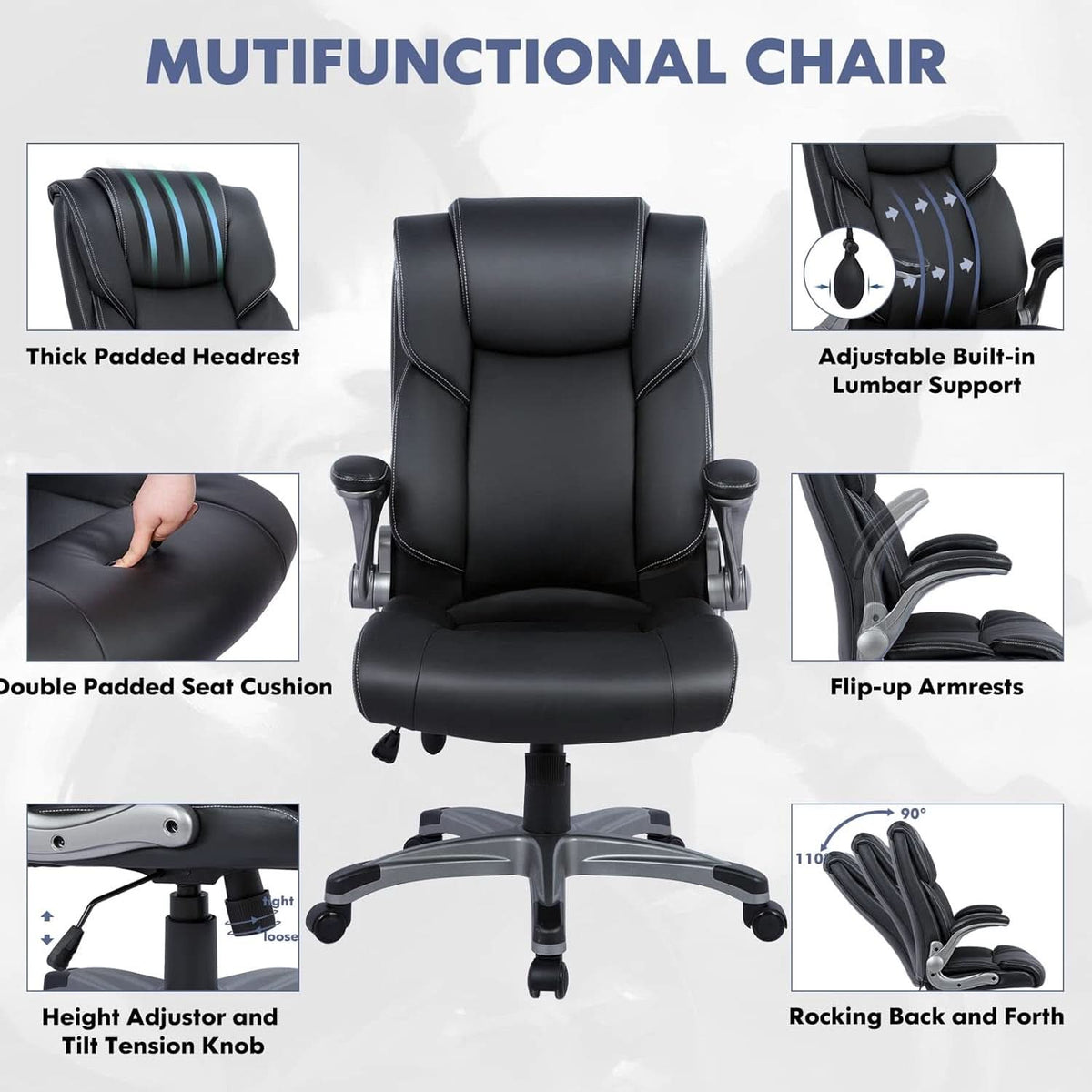 Black Leather Executive Office Chairs 2 Pack With Flip Arms