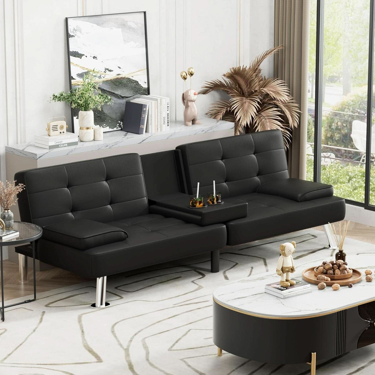 Black Leather Futon Sofa Bed With Adjustable Armrests And Cup Holders