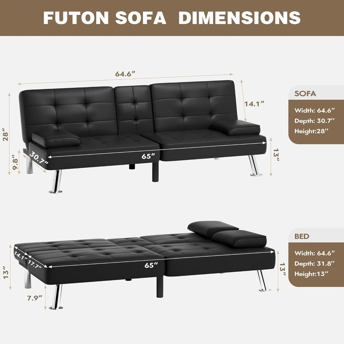 Black Leather Futon Sofa Bed With Adjustable Armrests And Cup Holders
