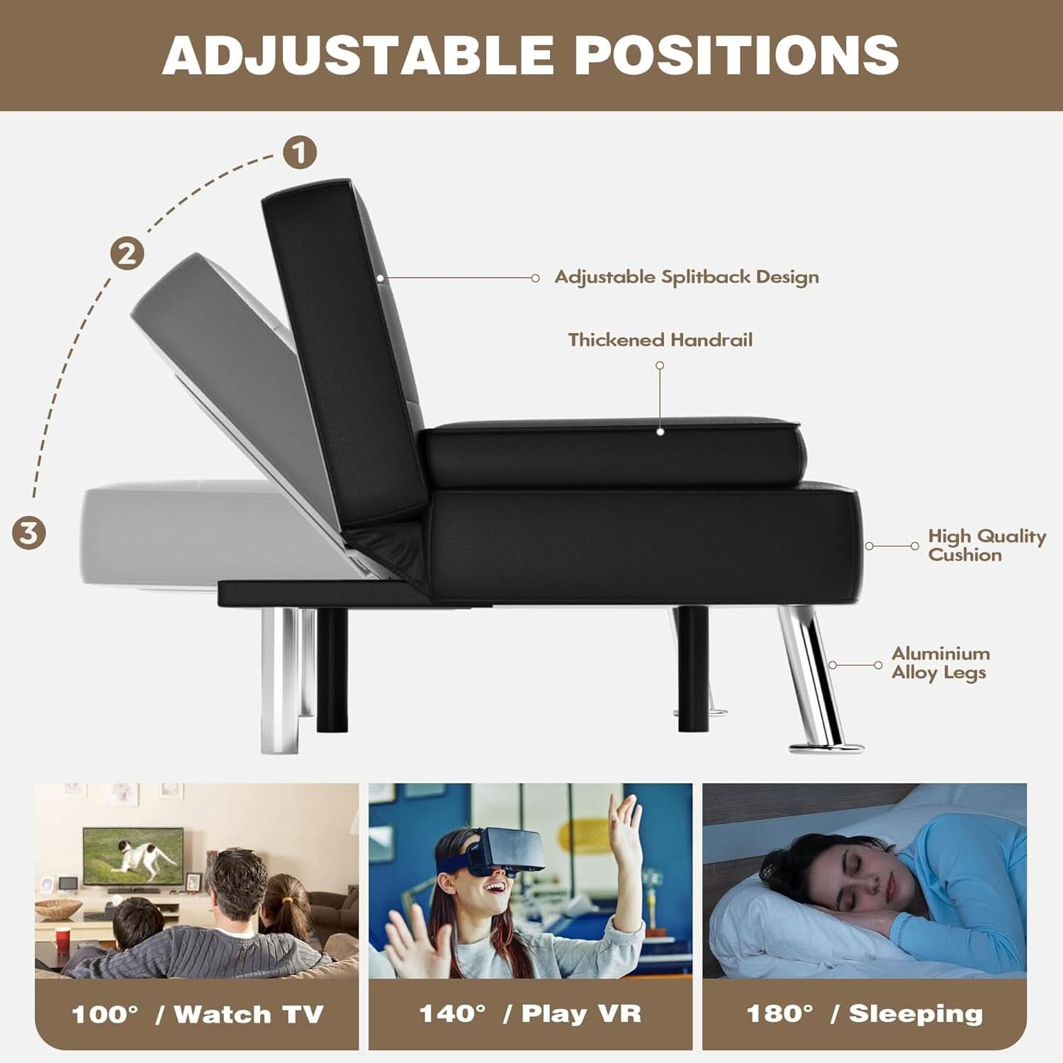 Black Leather Futon Sofa Bed With Adjustable Armrests And Cup Holders