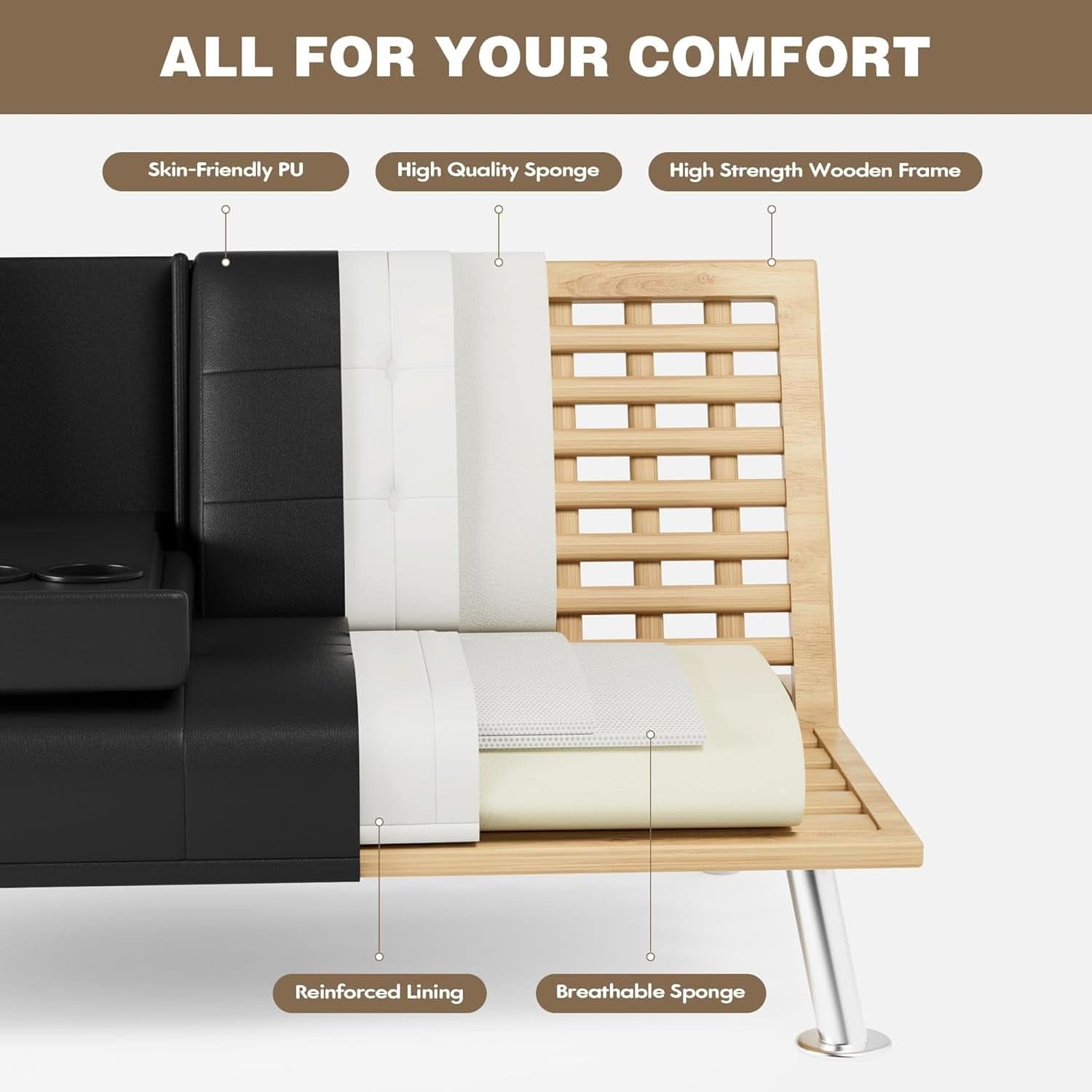 Black Leather Futon Sofa Bed With Adjustable Armrests And Cup Holders