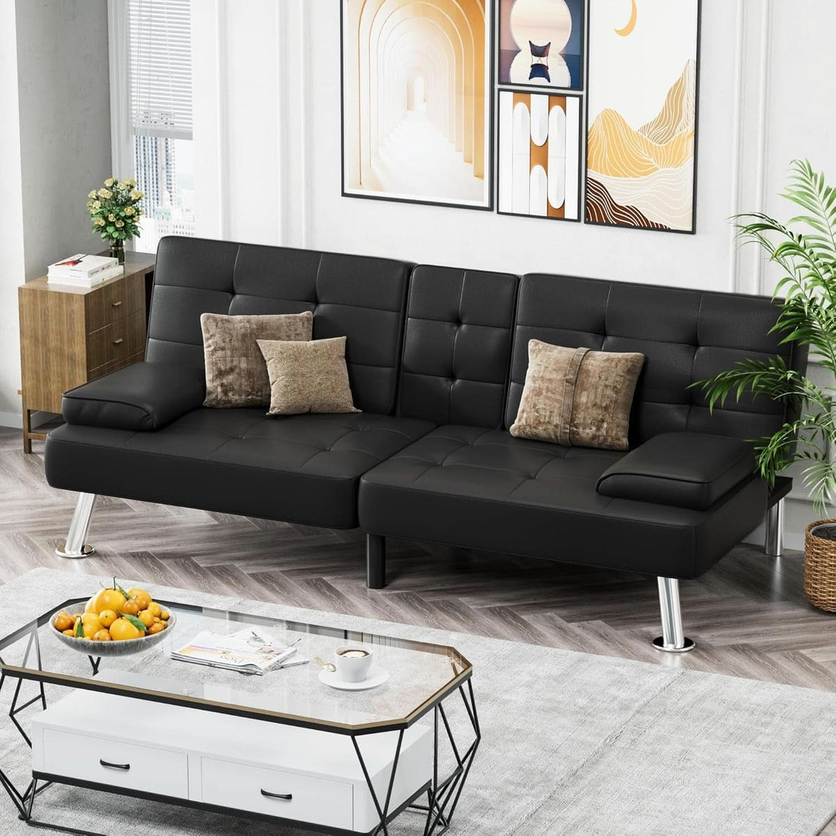 Black Leather Futon Sofa Bed With Adjustable Armrests And Cup Holders