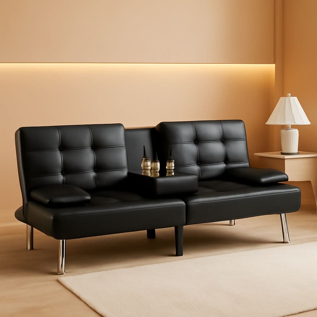 Black Leather Futon Sofa Bed With Adjustable Armrests And Cup Holders