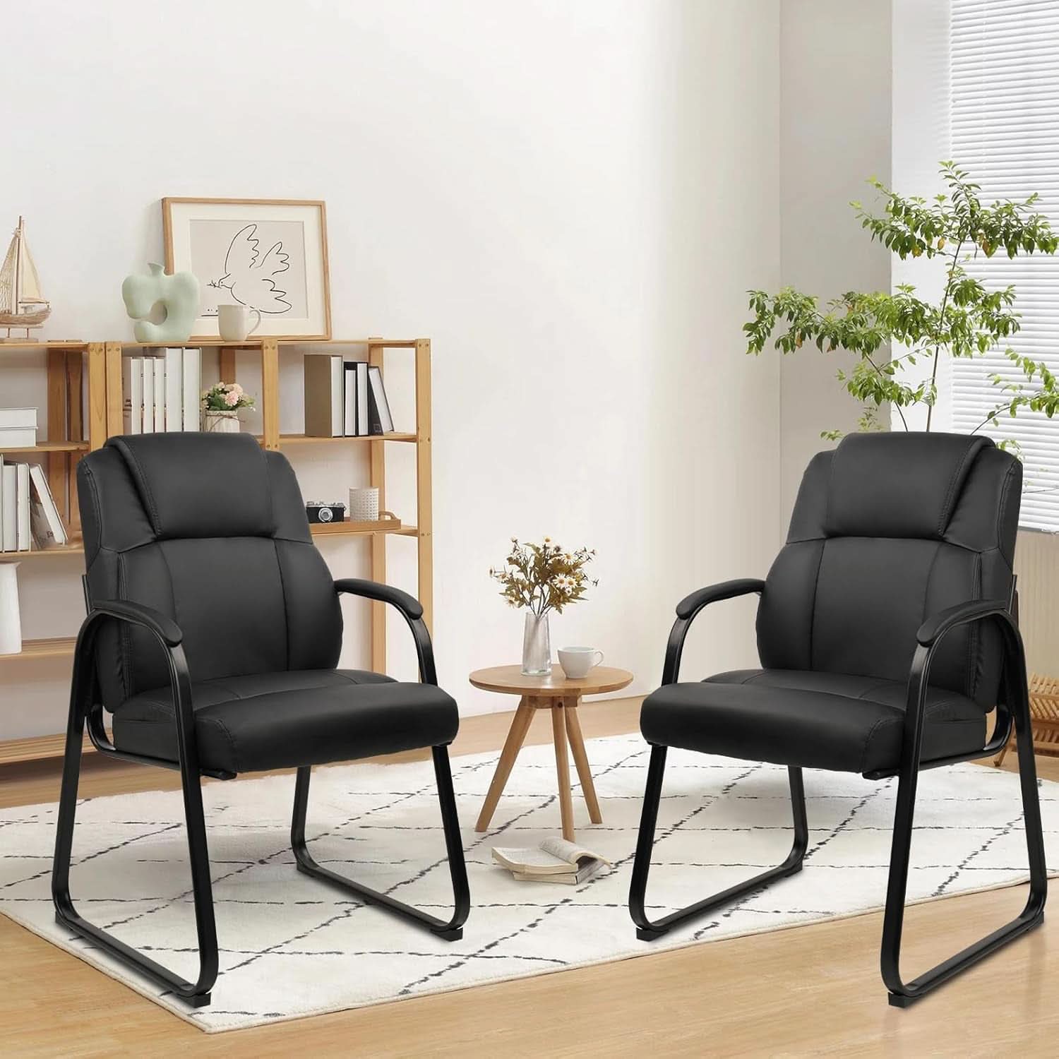 Black Leather Guest Chair 2 Pack With Padded Armrests