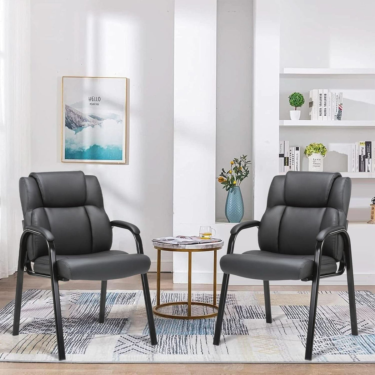 Black Leather Guest Chair 2 Pack With Padded Armrests