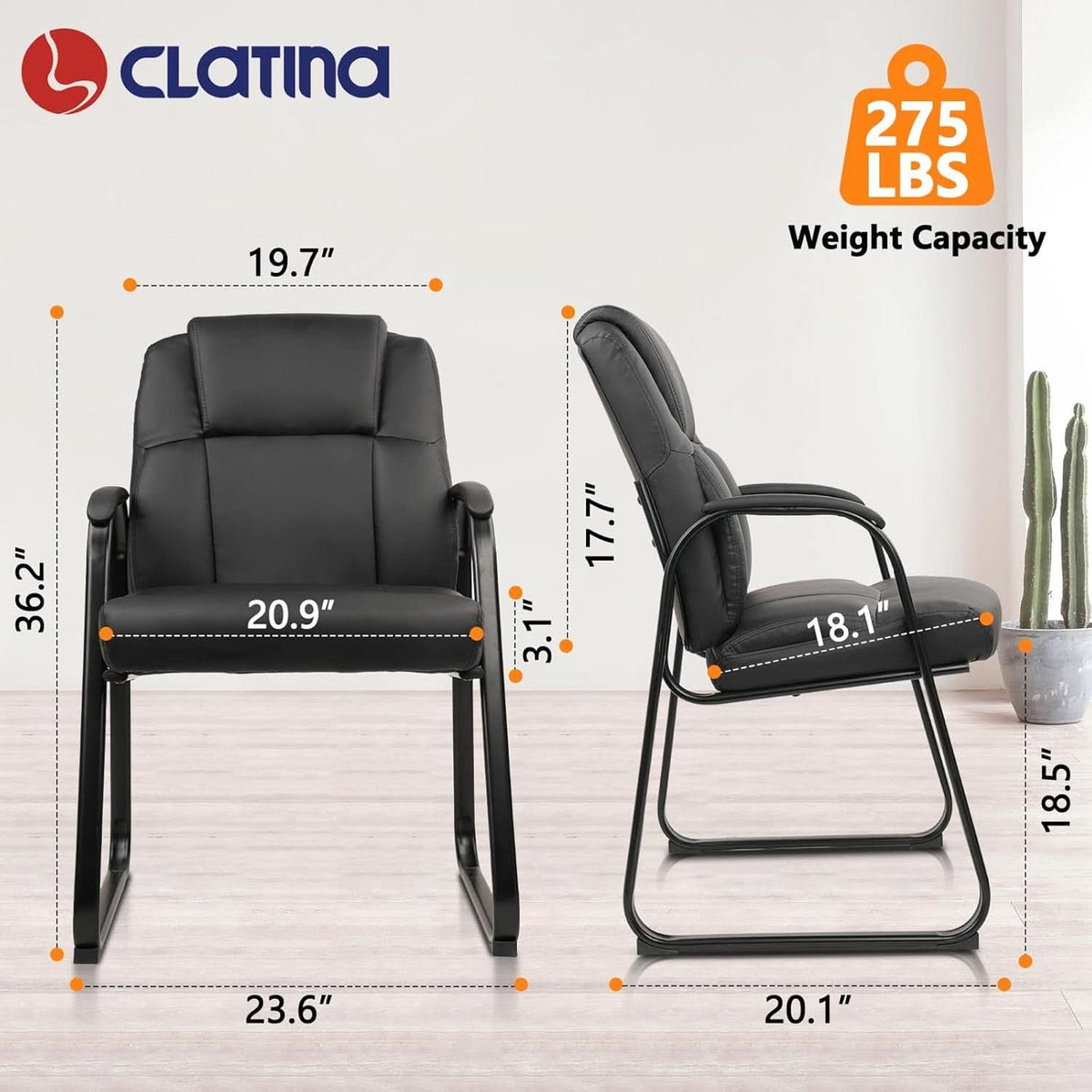 Black Leather Guest Chair 2 Pack With Padded Armrests