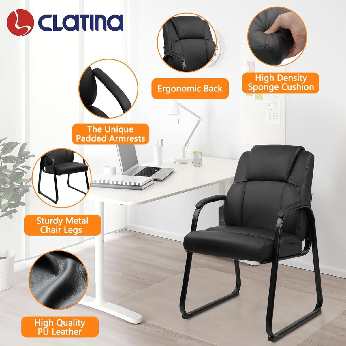 Black Leather Guest Chair 2 Pack With Padded Armrests