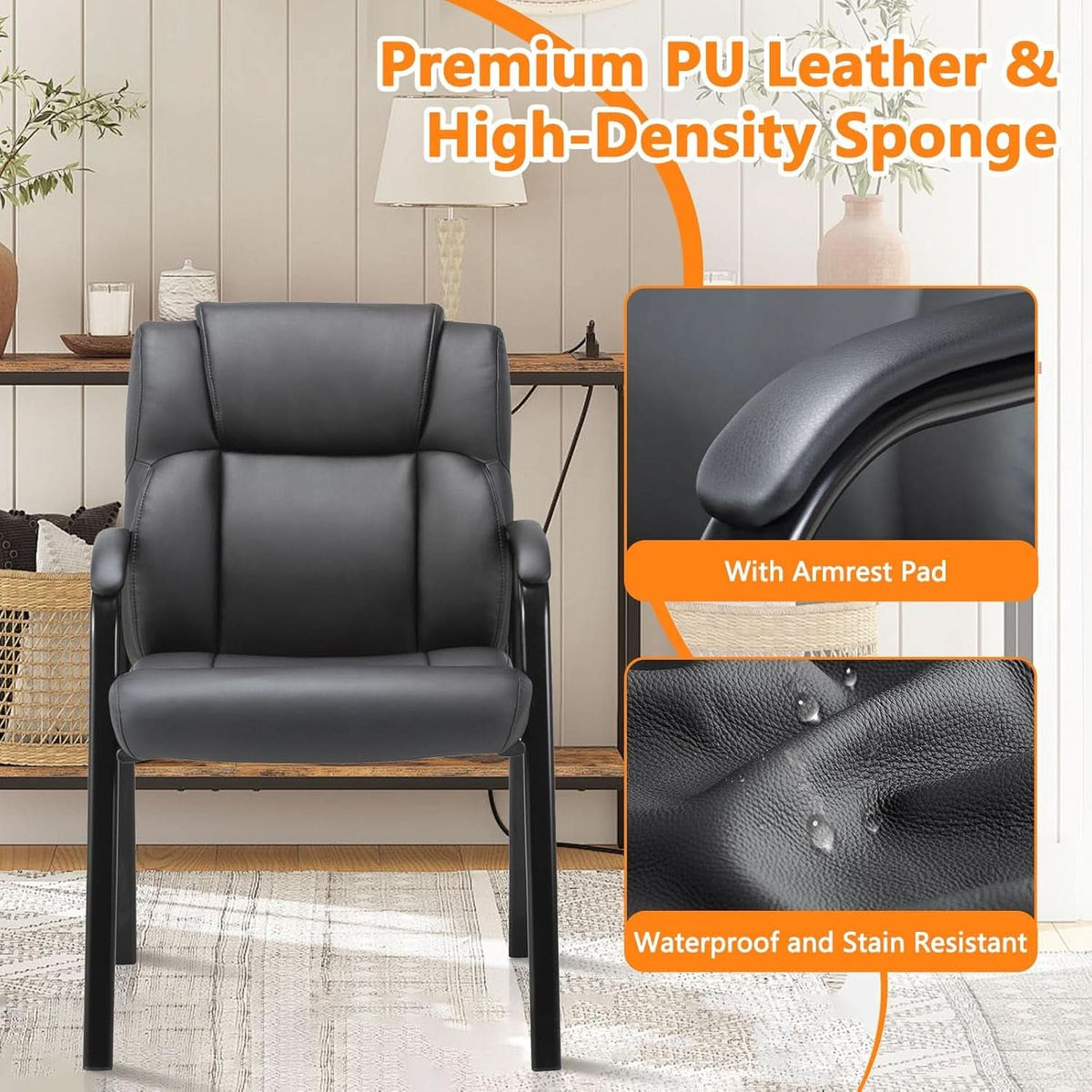 Black Leather Guest Chair 2 Pack With Padded Armrests