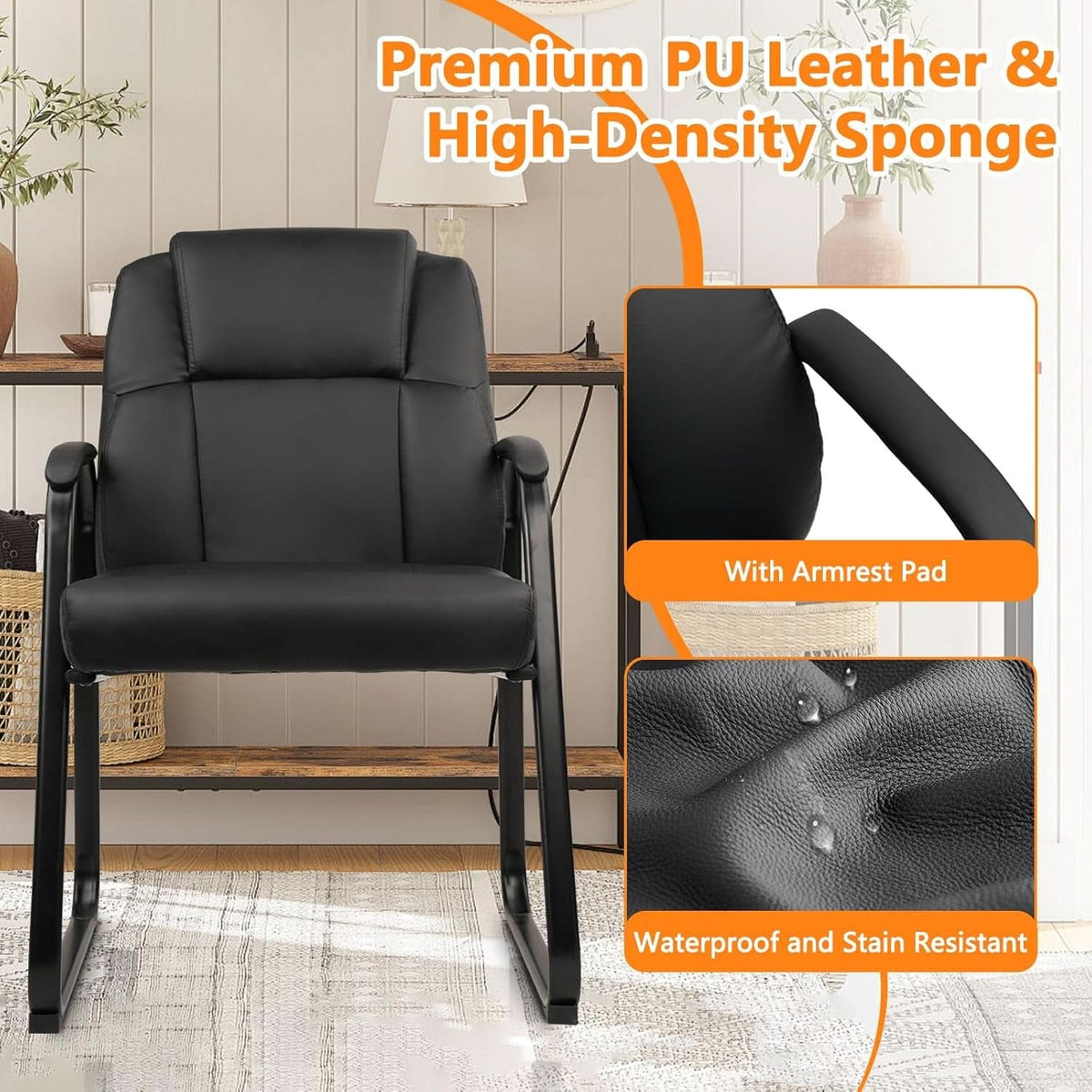 Black Leather Guest Chair 2 Pack With Padded Armrests