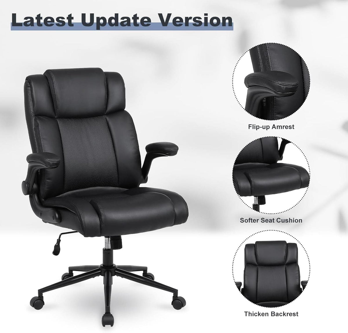 Black Leather Office Chair With Flip Up Armrests And Wheels