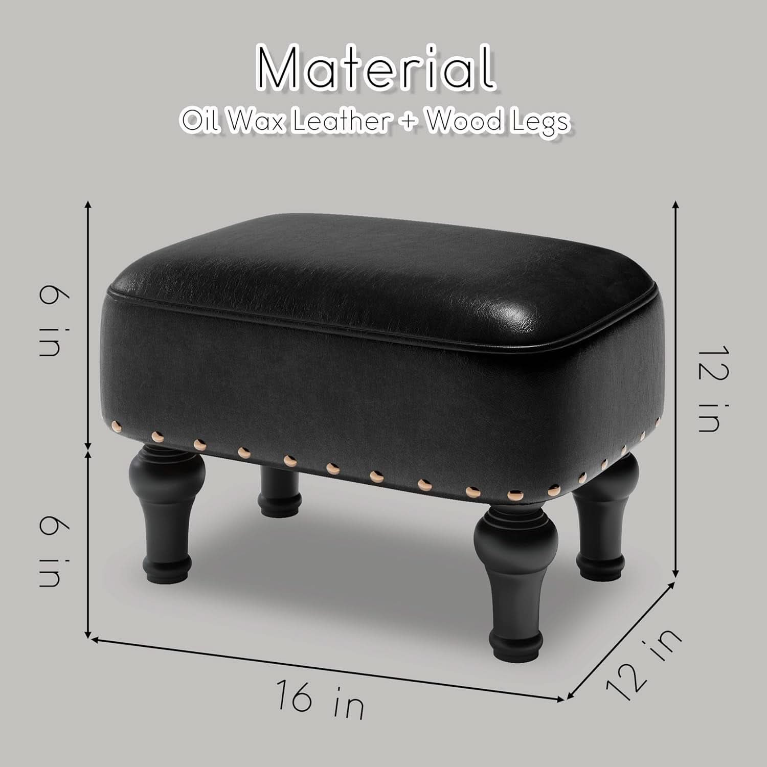 Black Leather Ottoman Footstool With Thick Padded Foam