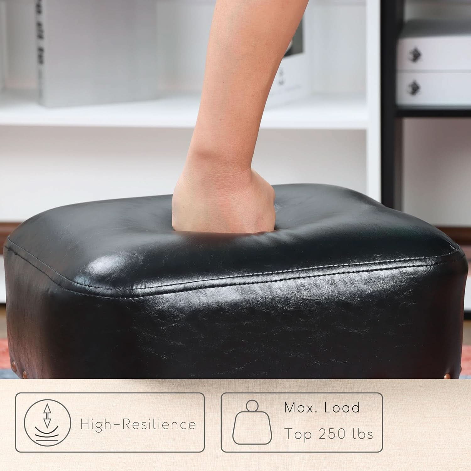 Black Leather Ottoman Footstool With Thick Padded Foam