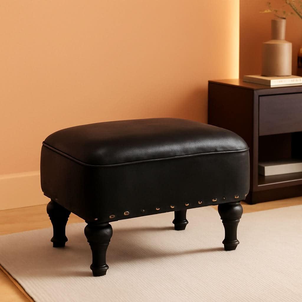 Black Leather Ottoman Footstool With Thick Padded Foam
