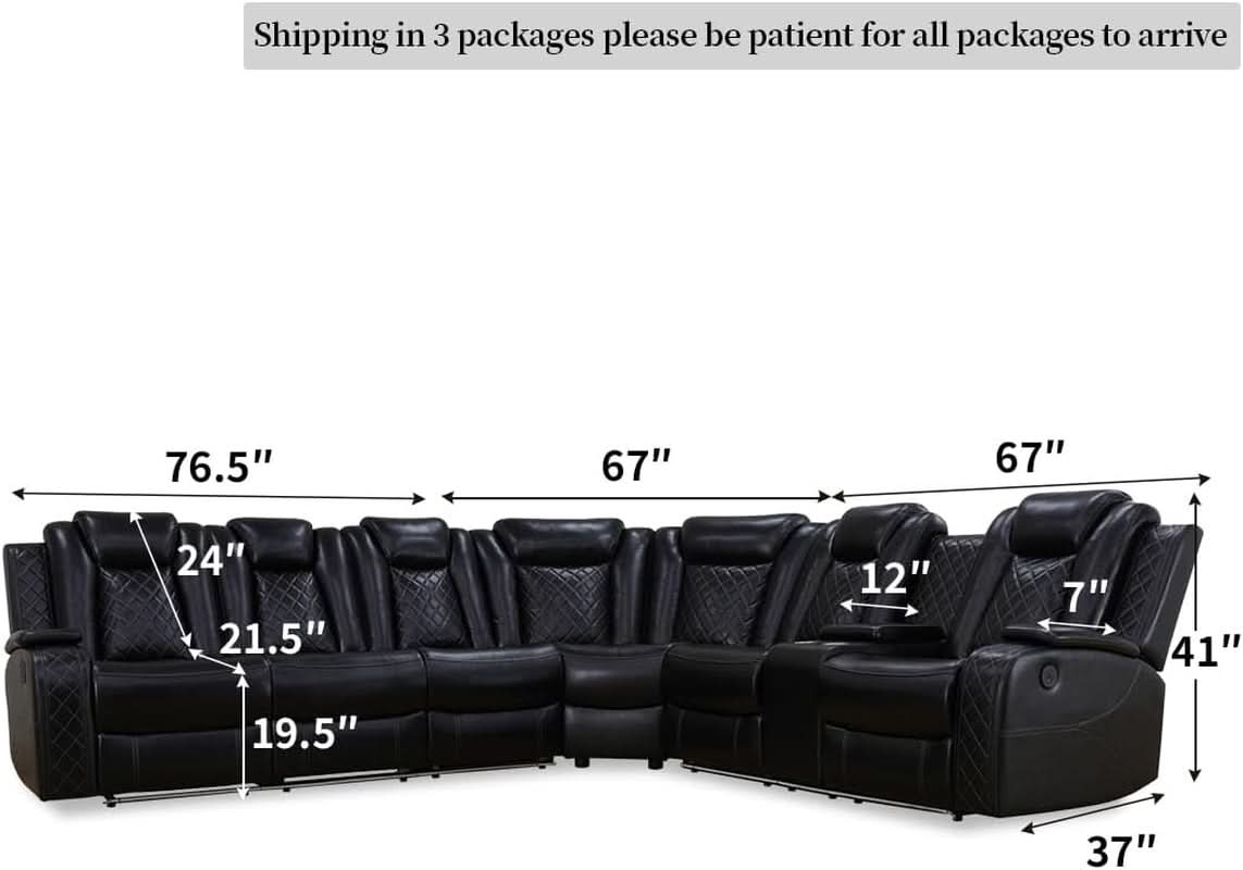 Black Leather Power Recliner Living Room Set With Cup Holders