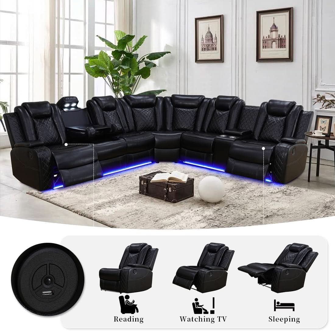 Black Leather Power Recliner Living Room Set With Cup Holders