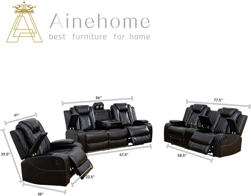Black Leather Power Recliner Sectional Sofa Set Living Room Furniture