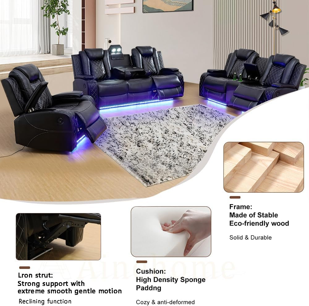 Black Leather Power Recliner Sectional Sofa Set Living Room Furniture