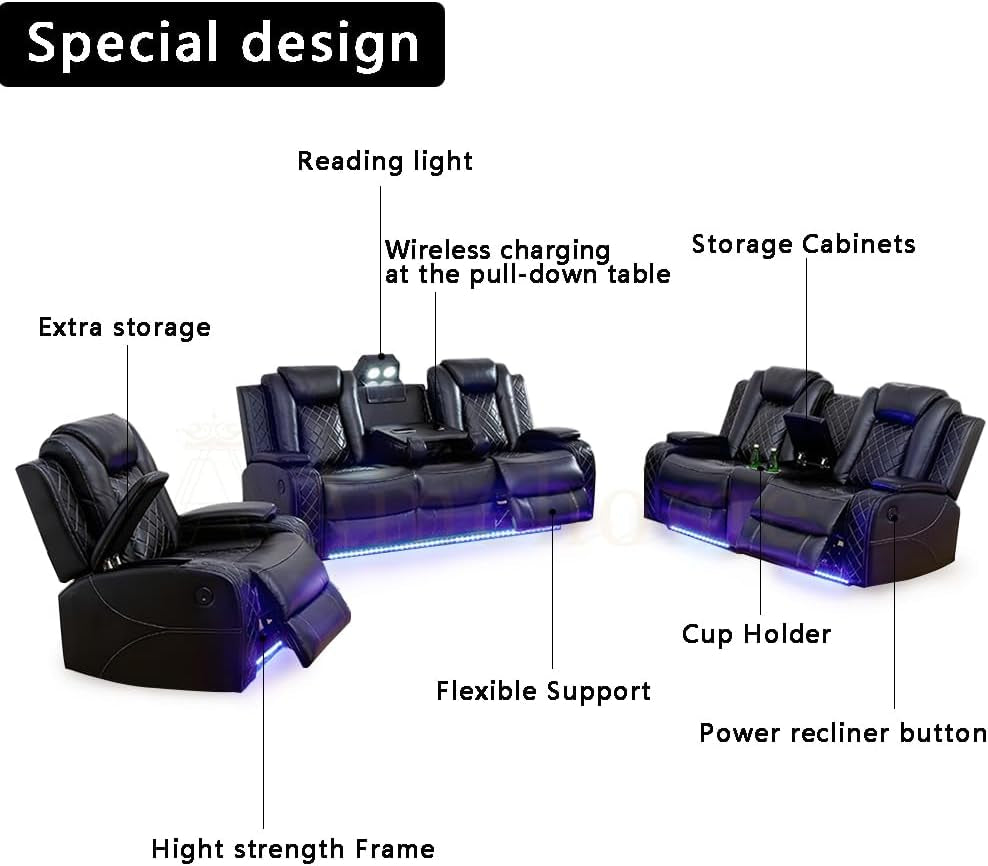 Black Leather Power Recliner Sectional Sofa Set Living Room Furniture