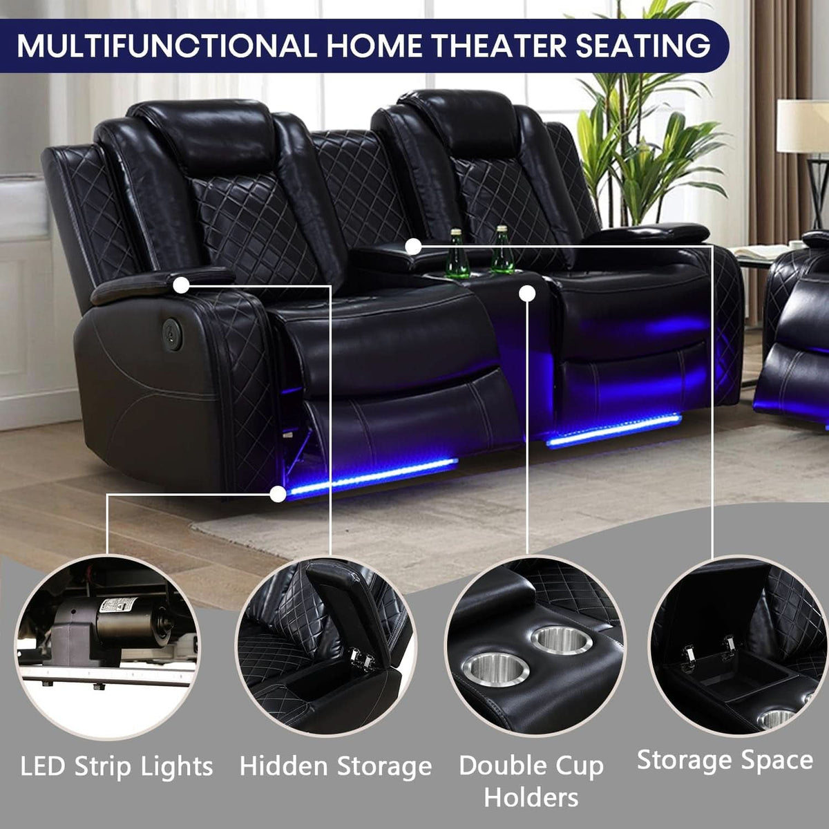 Black Leather Power Recliner Sofa Set With USB Ports