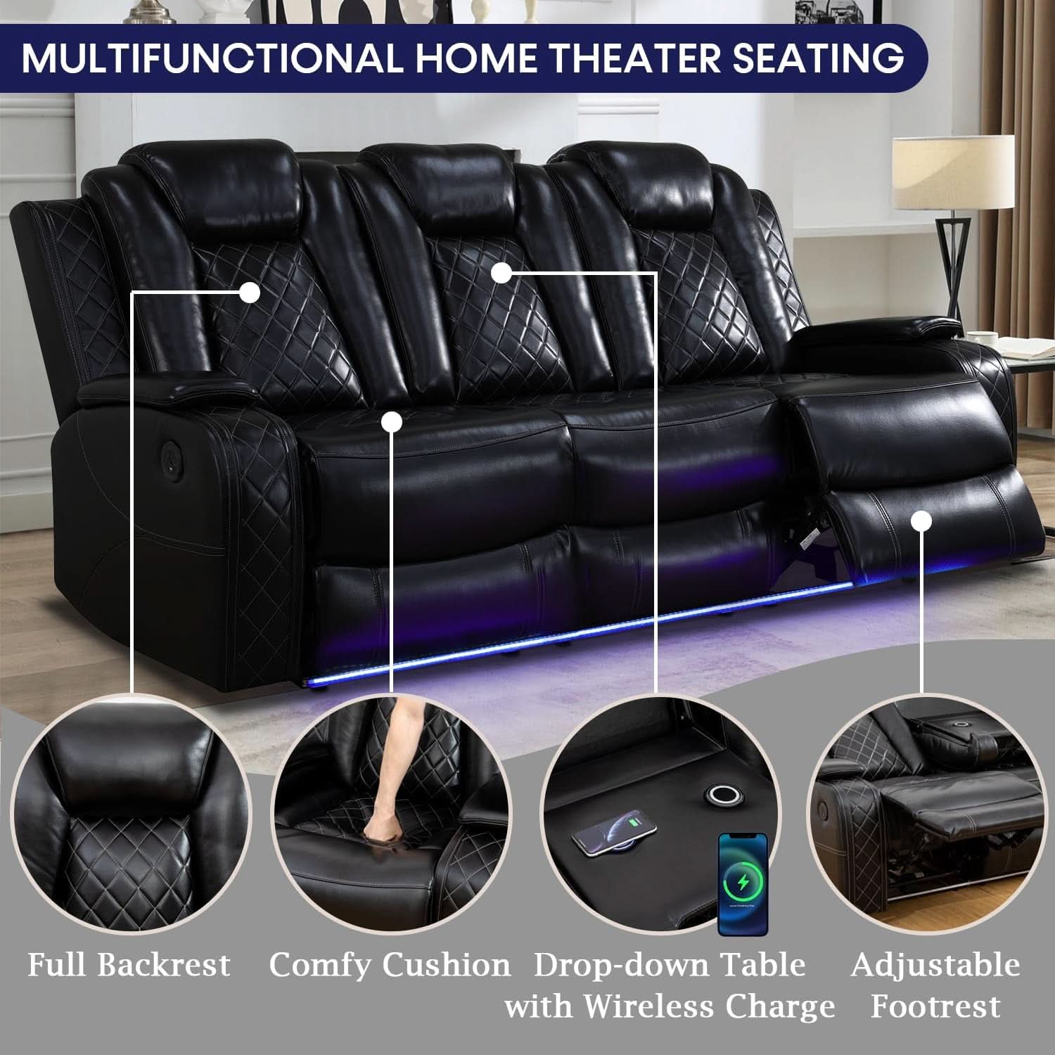 Black Leather Power Recliner Sofa Set With USB Ports