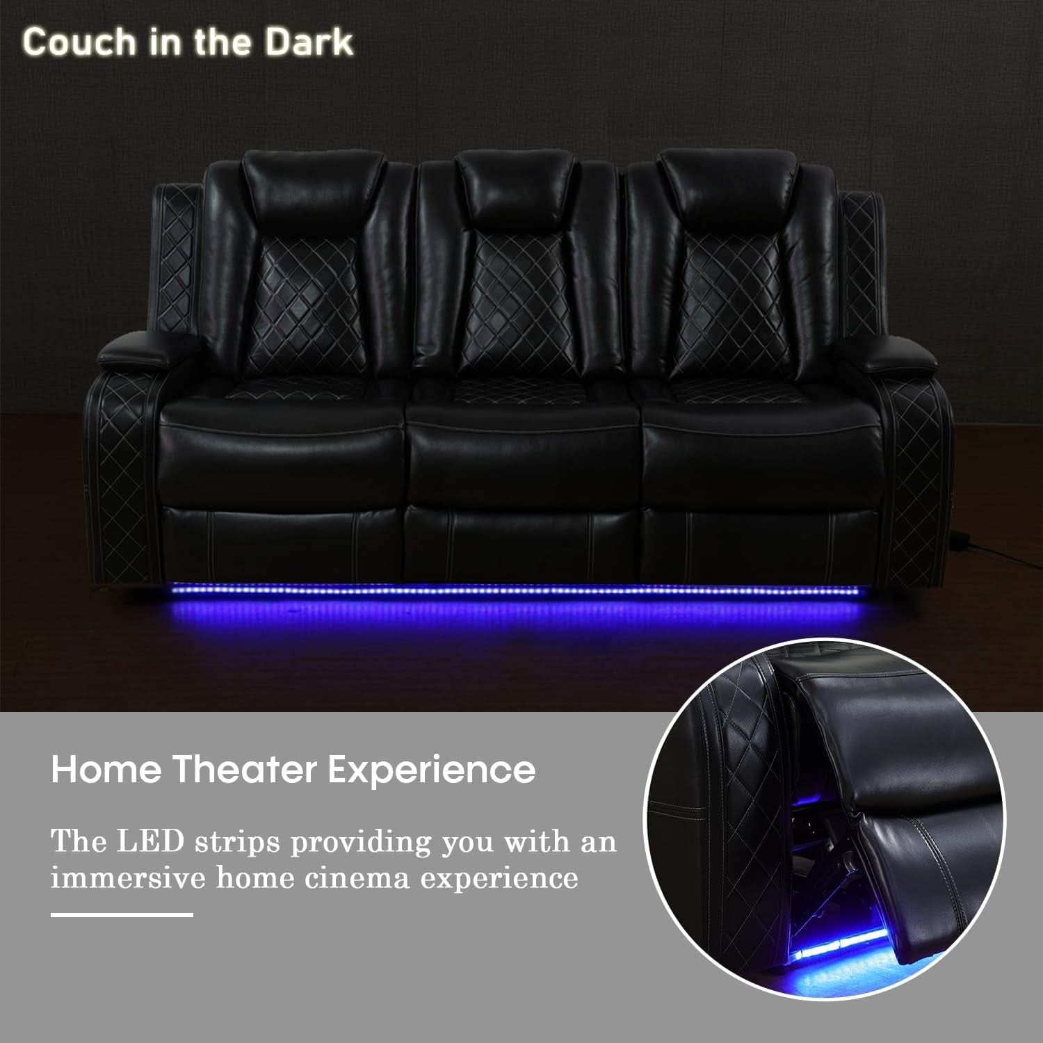 Black Leather Power Recliner Sofa Set With USB Ports
