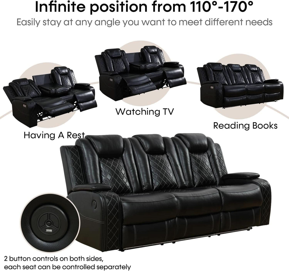Black Leather Power Recliner Sofa Set With USB Ports