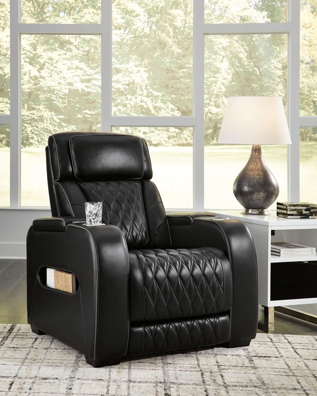Black Leather Power Recliner With Adjustable Headrest